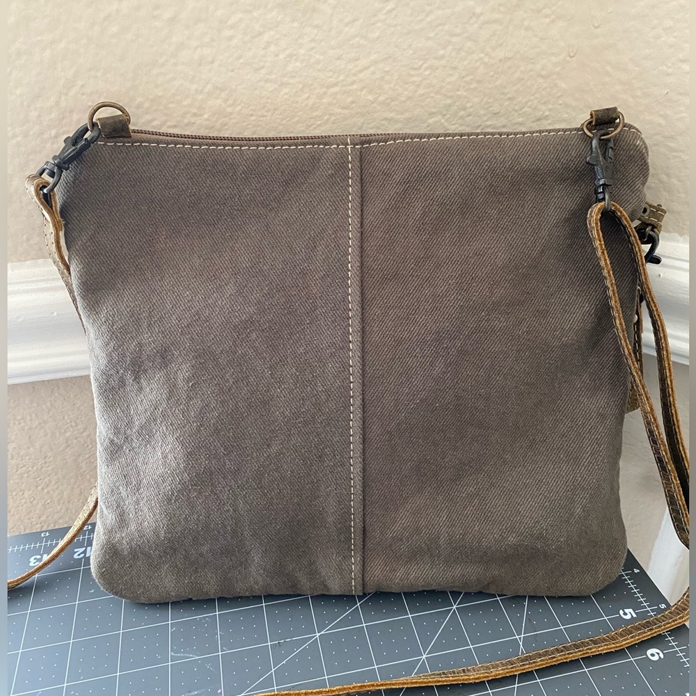 Myra Crossbody Bag Upcycled Tweed Gray Brown Cream Fall Western Leather Wristlet - Picture 7 of 15